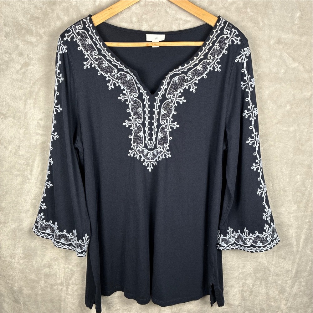 J. Jill Black Embroidered Tunic Top Womens Large 3/4 Sleeve Split Neck Boho 0380